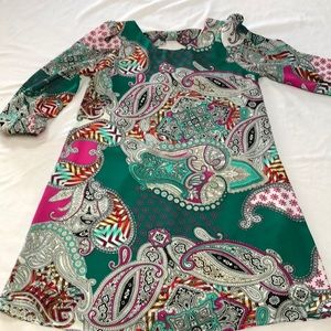 Lila tunic, green and pink paisley print.  Size Small.  Lined.